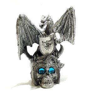 Pewter Dragon w/ Shield On Skull Figurine Statue Blue Cabochon Eyes Heavy DnD?